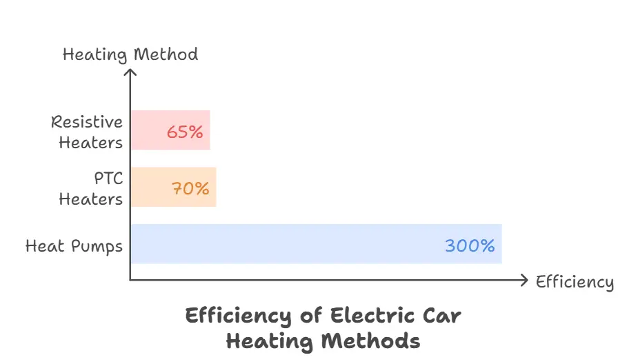 infographic showing relative efficiencies of 3 heating methods for electric cars