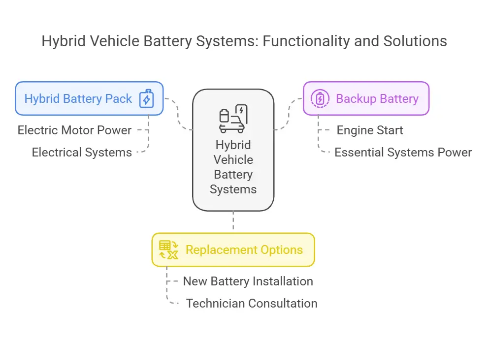 Infographic displaying functionality of hybrid car battery system